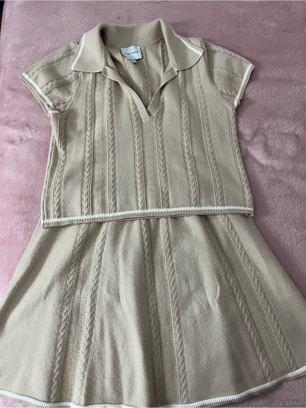 Pink Rose Beige Cable-Knit Polo Mini Dress Set